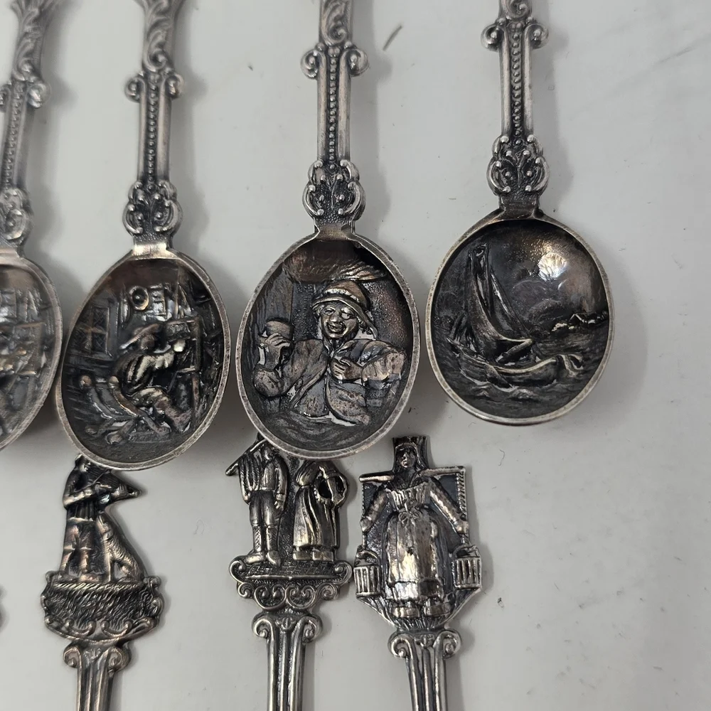 Vtg Holland Dutch demitasse mini spoons stamped novelty ornate figural set of 12